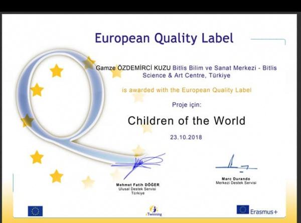 Dünya Çocukları eTwinning projemiz Avrupa kalite etiketi aldı